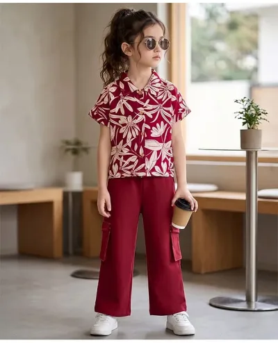 Cotton Knit Half Sleeve Top & Culottes With Floral Print - Maroon
